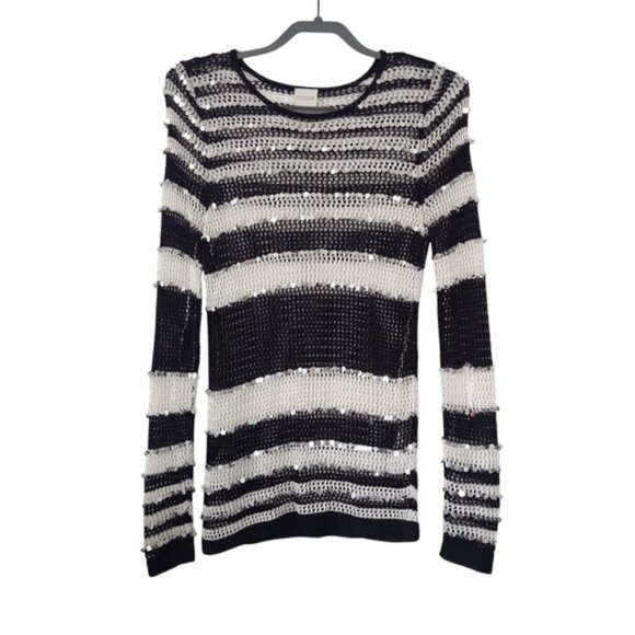 Chico's Striped Nautical Glam Chic Crochet Fisherman Open Knit Sequin Sweater S - Picture 2 of 9